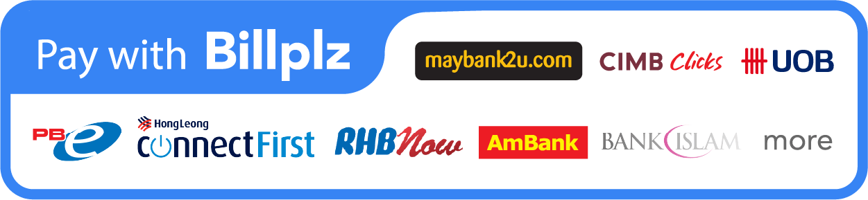 Bayar Secara Online (maybank2u, cimbclicks, FPX), Credit Card / Debit Card (Visa, Mastercard, AMEX etc)